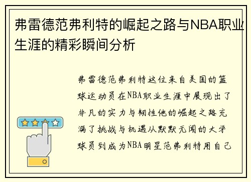 弗雷德范弗利特的崛起之路与NBA职业生涯的精彩瞬间分析